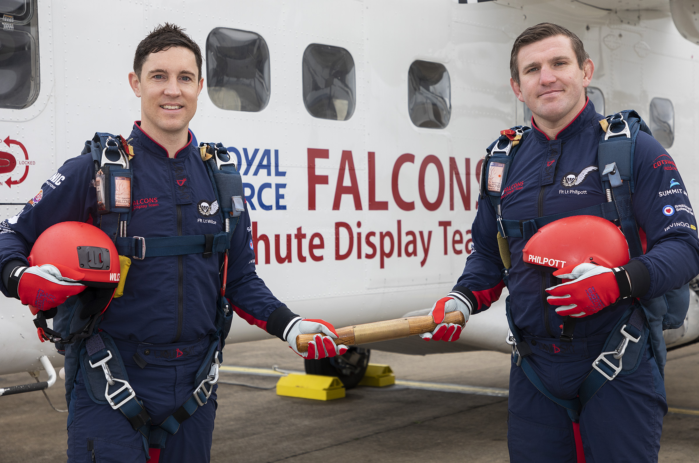 The Royal Air Force Falcons Parachute Display Team bid a fond farewell to Flight Lieutenant Chris Wilce as he handed over the reigns to Flight Lieutenant Stuart Philpott
